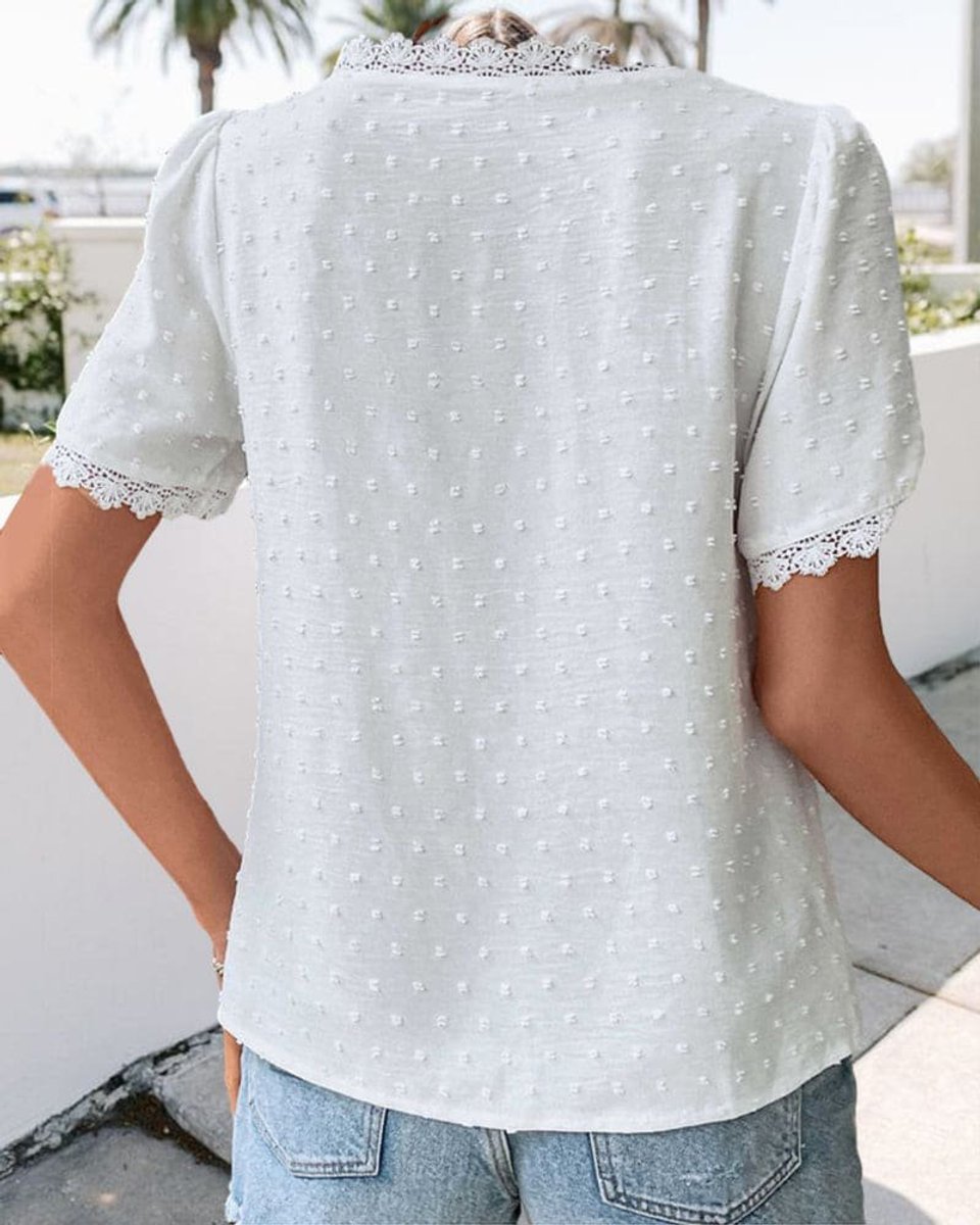 Women's Boho Swiss Dot Lace-Trim V-Neck Short Puff Sleeve Blouse