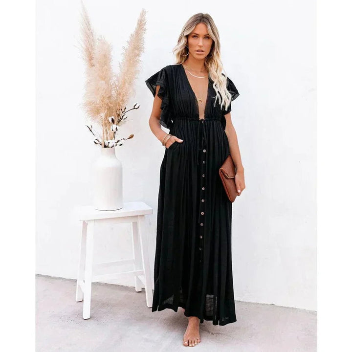 Women's Boho V-Neck Button-Front Maxi Formal Dress