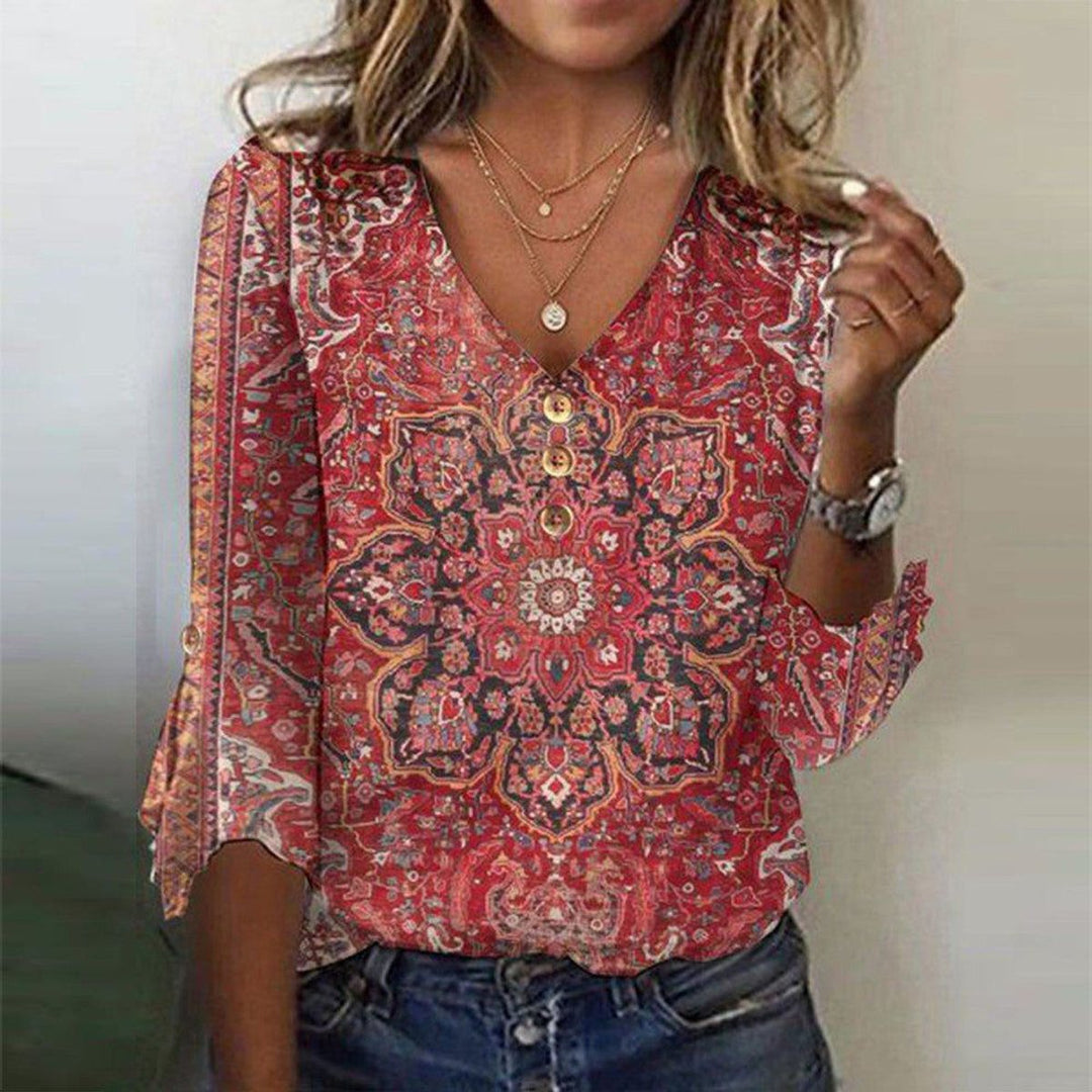 Women's Boho V-Neck Floral-Print Long-Sleeve Blouse