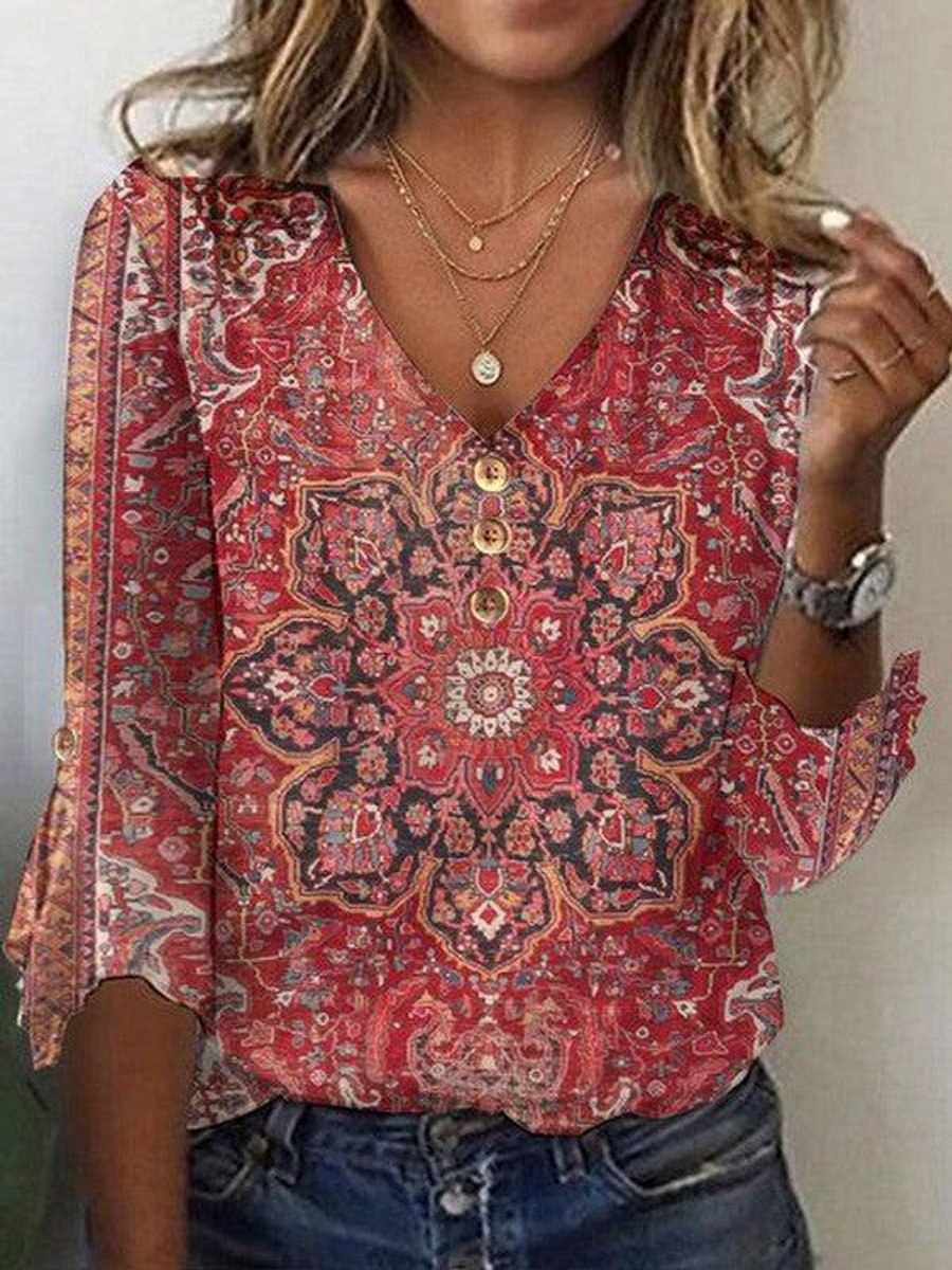 Women's Boho V-Neck Floral-Print Long-Sleeve Blouse