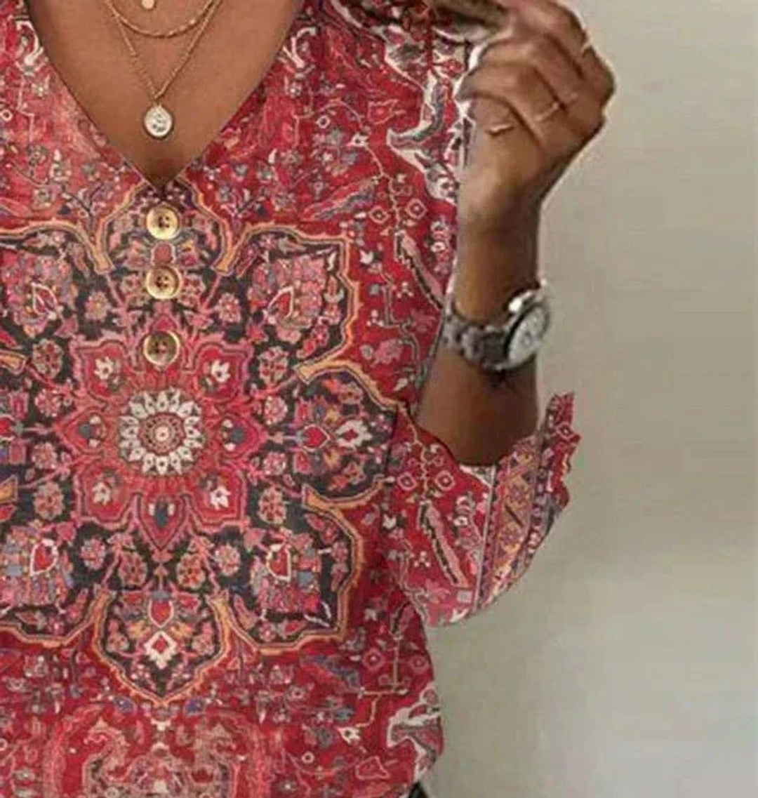 Women's Boho V-Neck Floral-Print Long-Sleeve Blouse