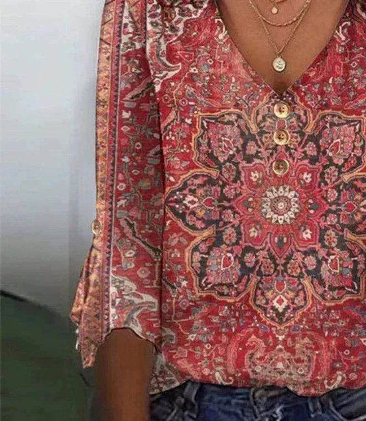 Women's Boho V-Neck Floral-Print Long-Sleeve Blouse