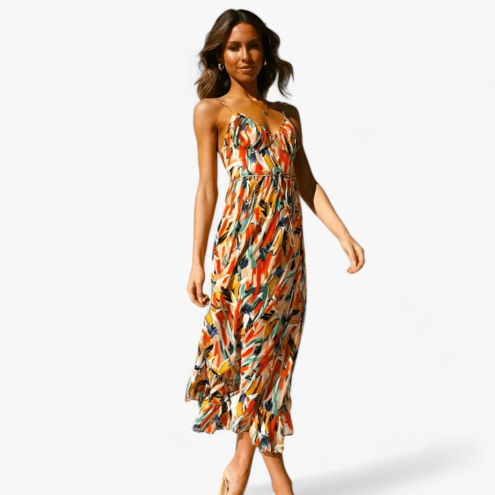 Women's Boho V-Neck Spaghetti Strap Fall Midi Dress Abstract Print