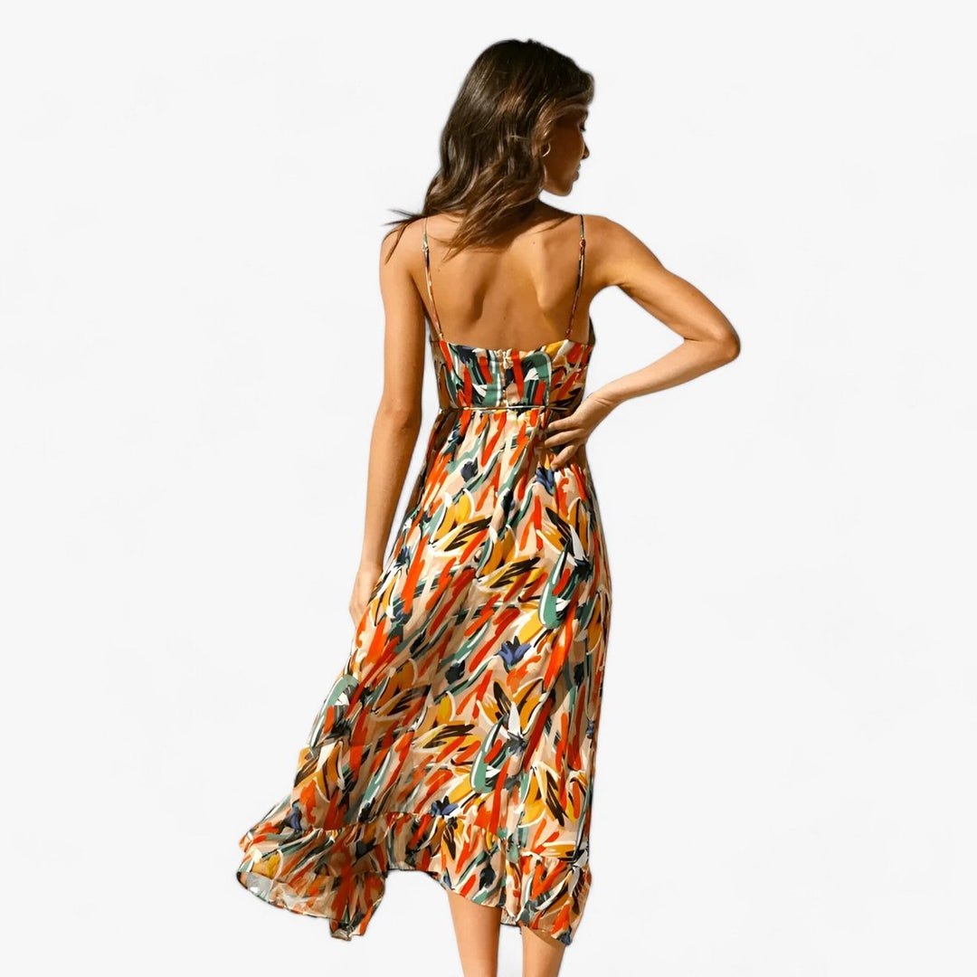 Women's Boho V-Neck Spaghetti Strap Fall Midi Dress Abstract Print