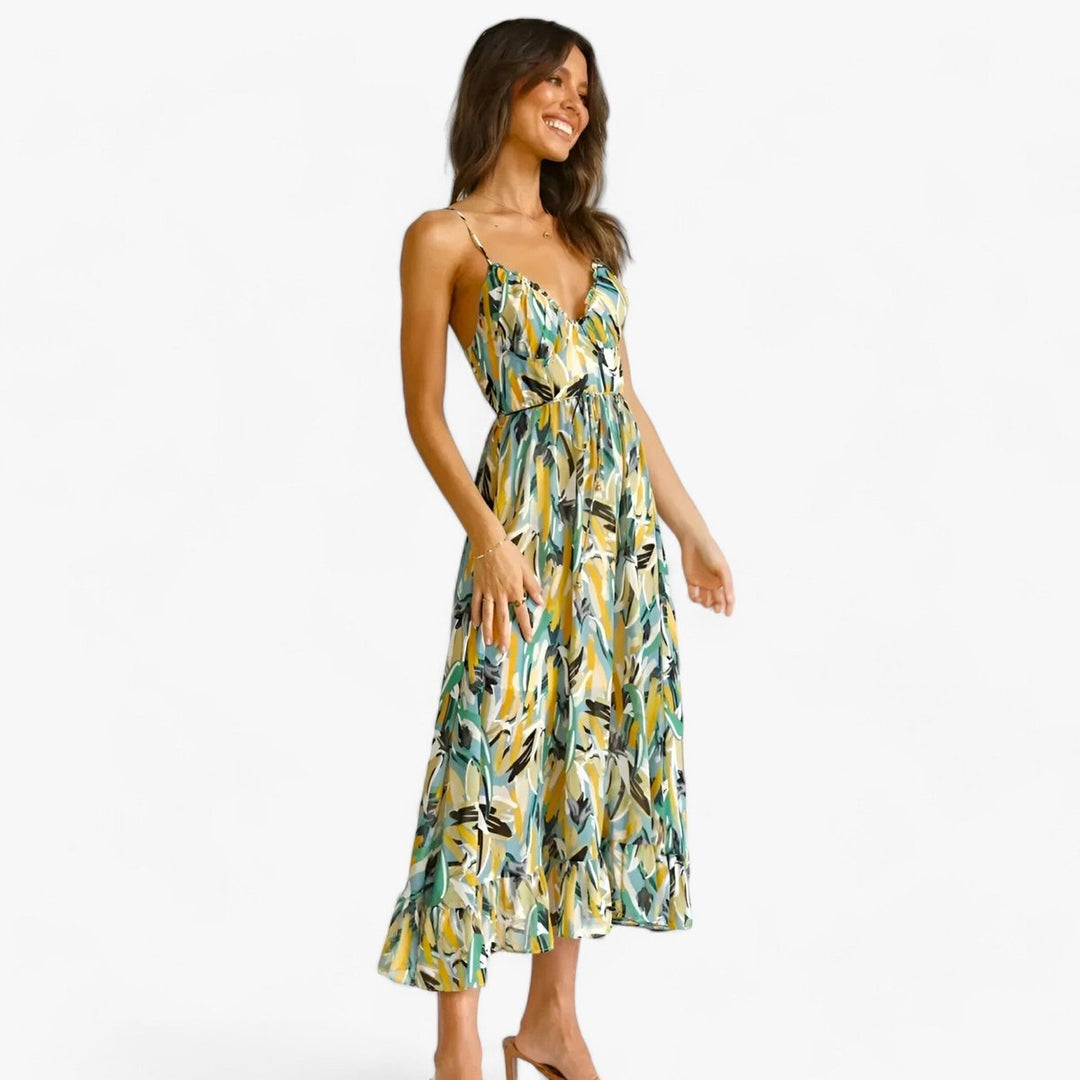 Women's Boho V-Neck Spaghetti Strap Fall Midi Dress Abstract Print