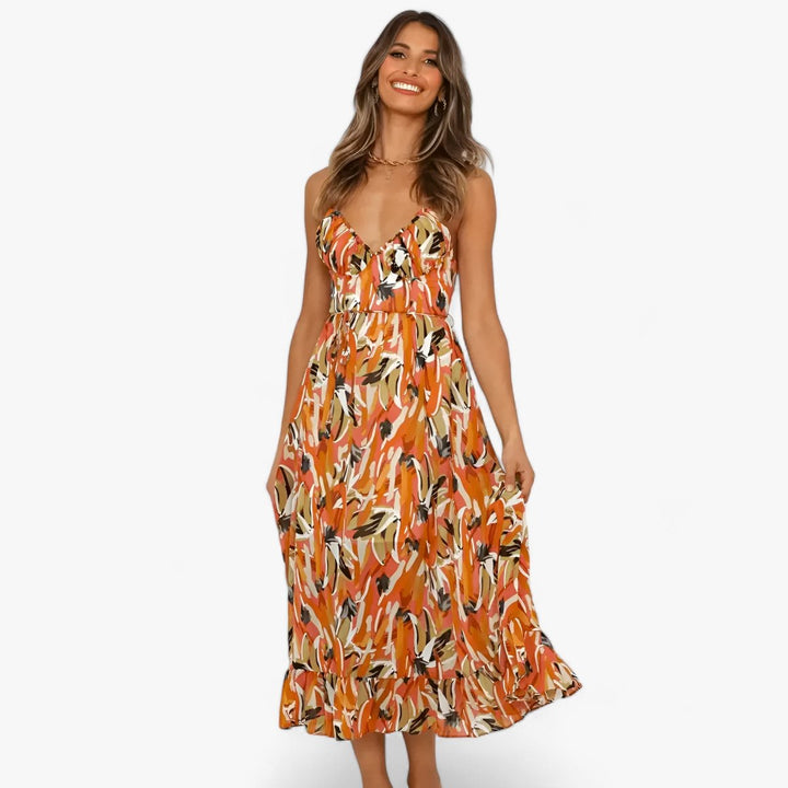 Women's Boho V-Neck Spaghetti Strap Fall Midi Dress Abstract Print