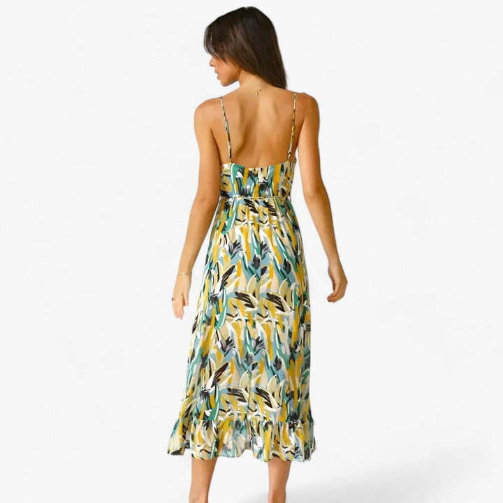 Women's Boho V-Neck Spaghetti Strap Fall Midi Dress Abstract Print