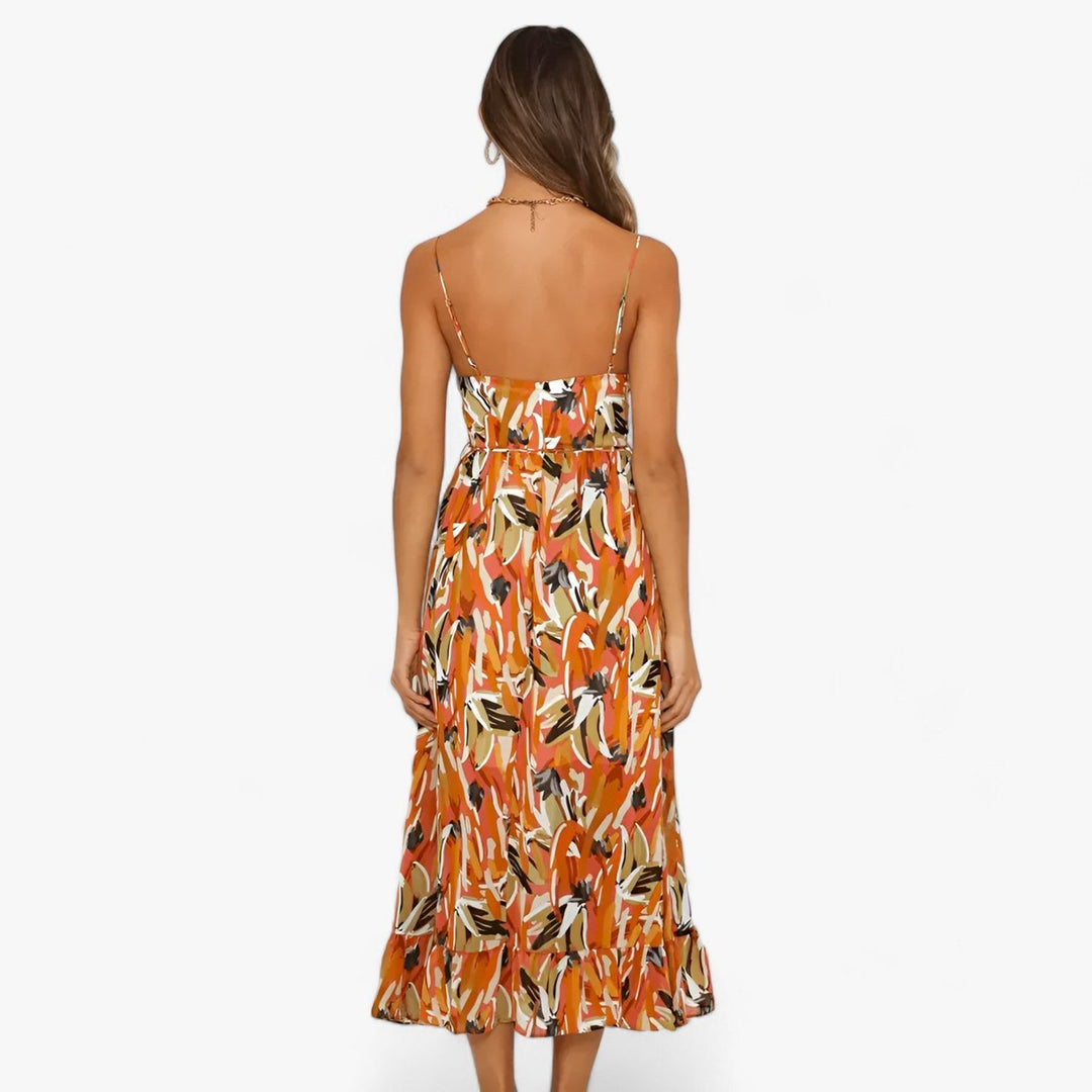 Women's Boho V-Neck Spaghetti Strap Fall Midi Dress Abstract Print