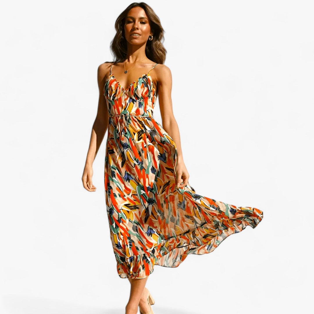 Women's Boho V-Neck Spaghetti Strap Fall Midi Dress Abstract Print
