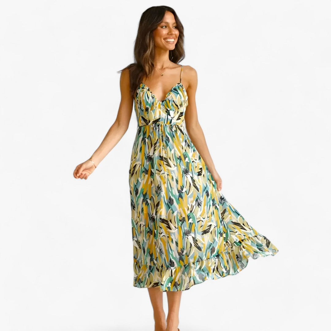 Women's Boho V-Neck Spaghetti Strap Fall Midi Dress Abstract Print