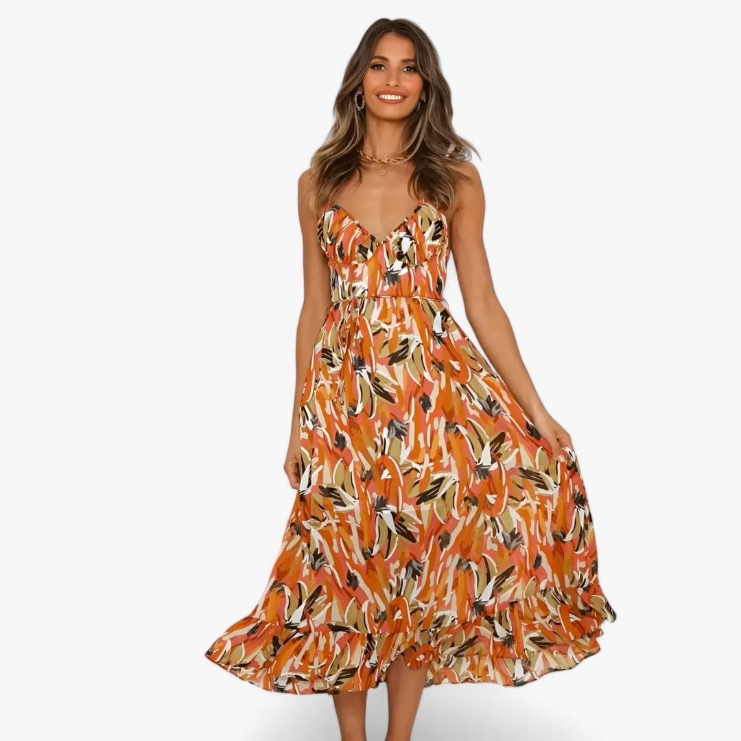 Women's Boho V-Neck Spaghetti Strap Fall Midi Dress Abstract Print