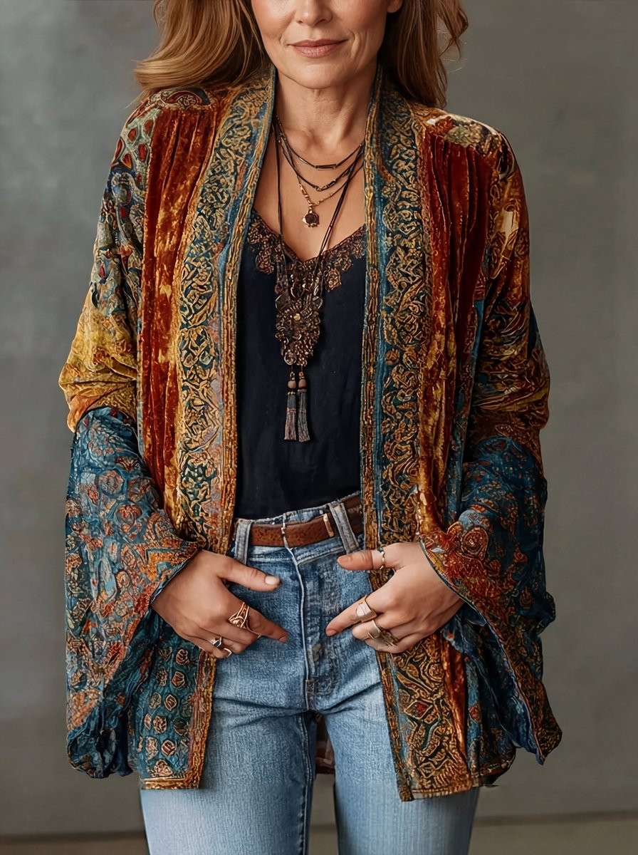 Women's Boho Vintage Open-Front Kimono Cardigan