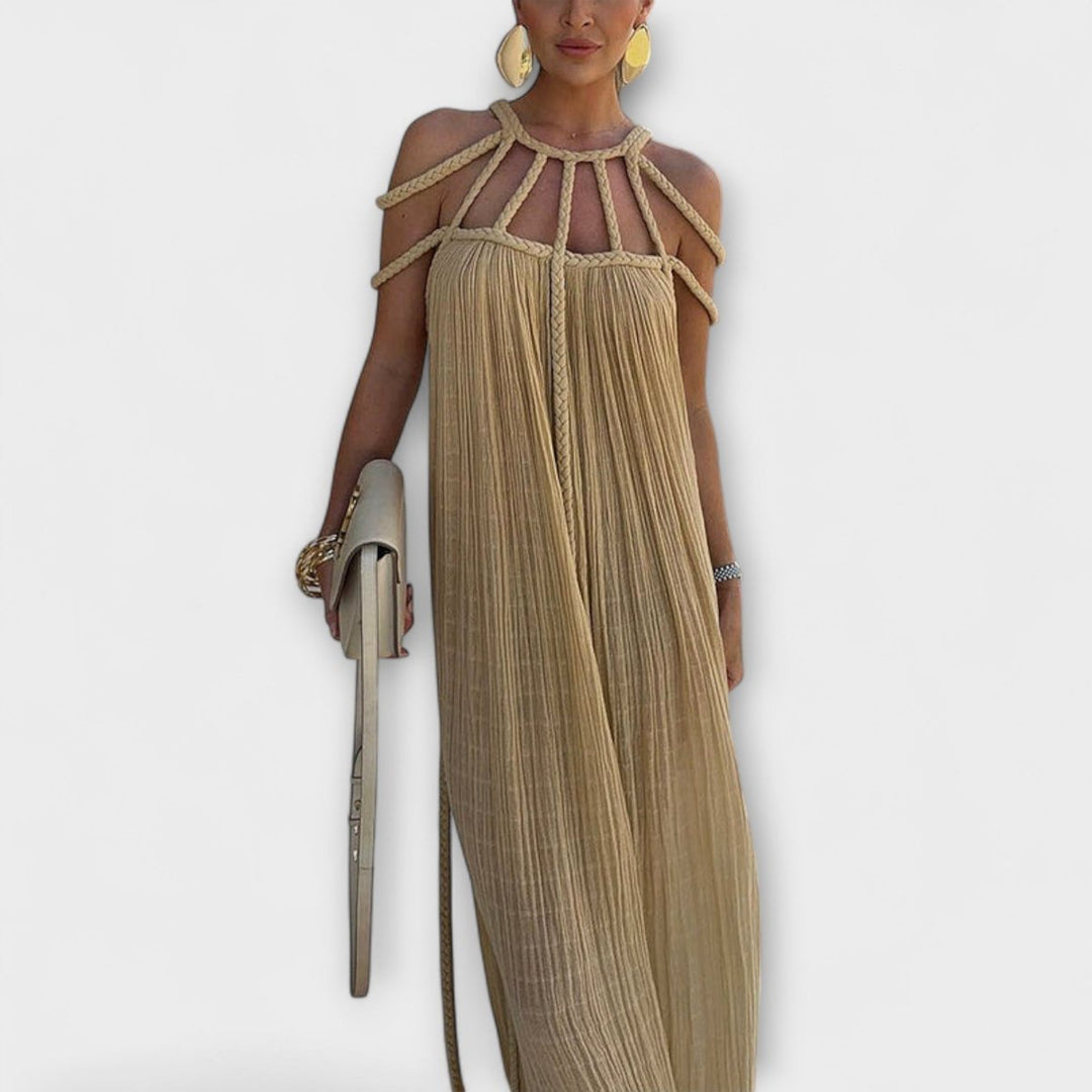 Women's Braided Cold-Shoulder Maxi Formal Dress Flowy Pleated