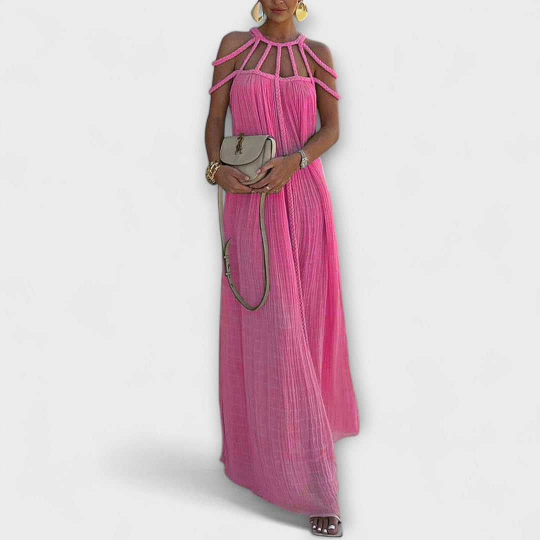 Women's Braided Cold-Shoulder Maxi Formal Dress Flowy Pleated
