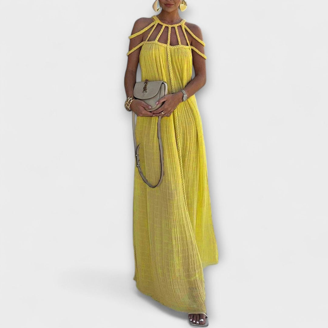 Women's Braided Cold-Shoulder Maxi Formal Dress Flowy Pleated