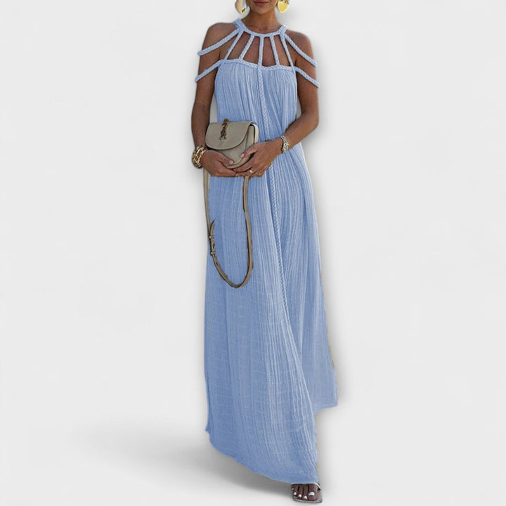 Women's Braided Cold-Shoulder Maxi Formal Dress Flowy Pleated