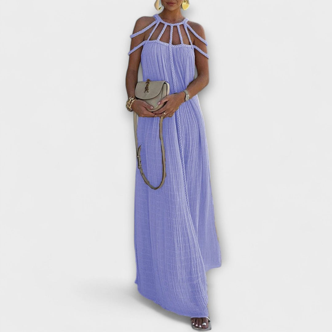 Women's Braided Cold-Shoulder Maxi Formal Dress Flowy Pleated