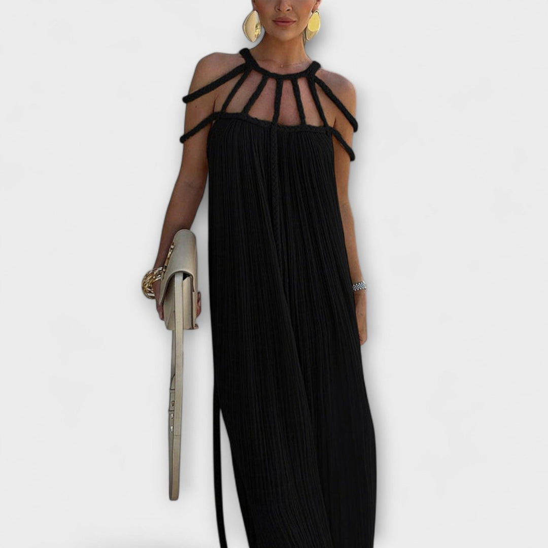 Women's Braided Cold-Shoulder Maxi Formal Dress Flowy Pleated