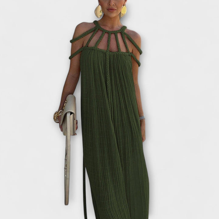 Women's Braided Cold-Shoulder Maxi Formal Dress Flowy Pleated