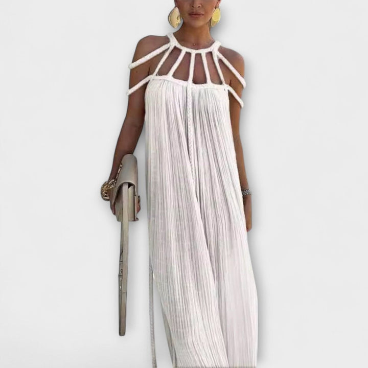 Women's Braided Cold-Shoulder Maxi Formal Dress Flowy Pleated