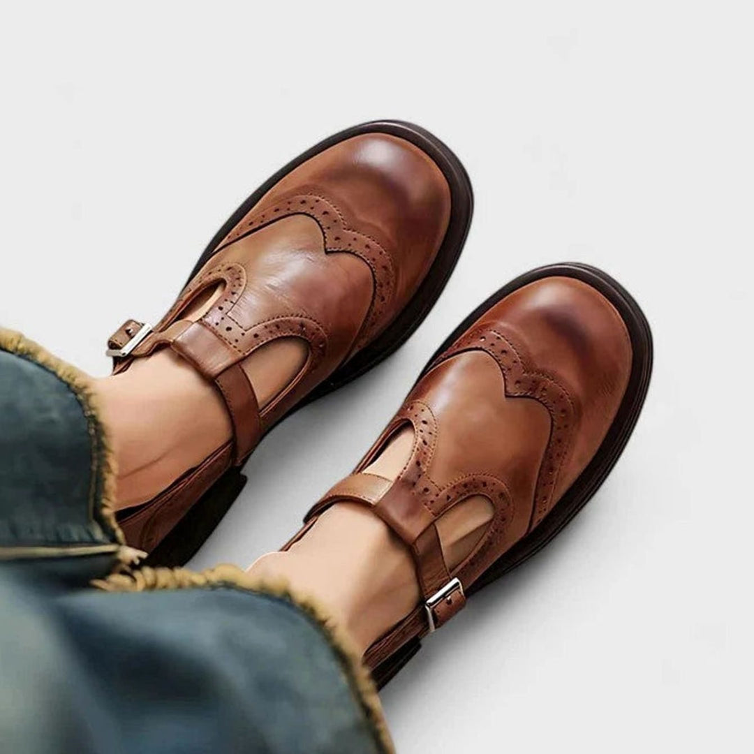 Women's Brogue Leather T-Strap Buckle Classic Boots
