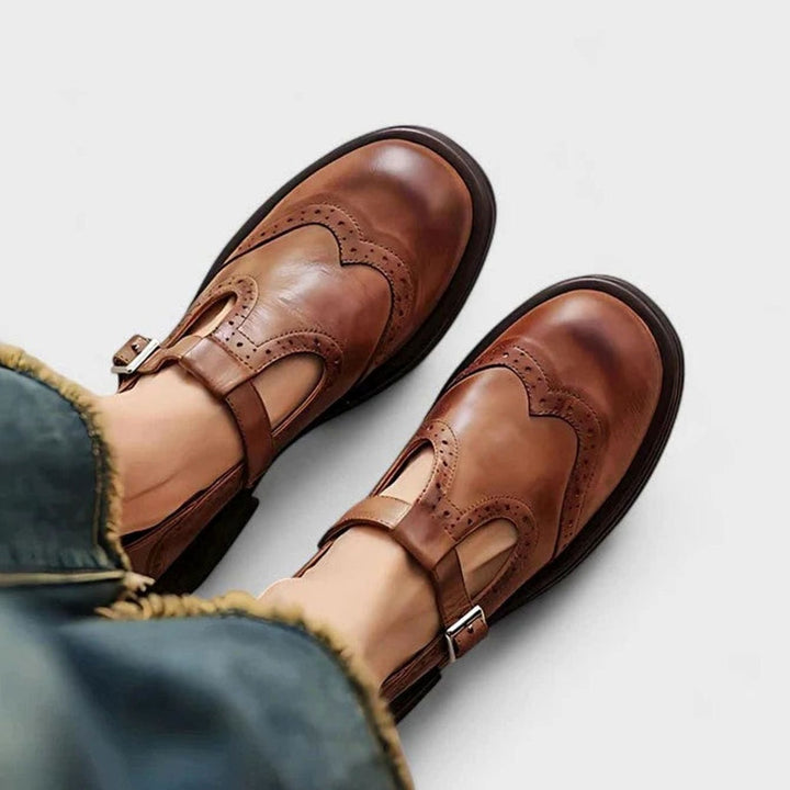 Women's Brogue Leather T-Strap Buckle Classic Boots