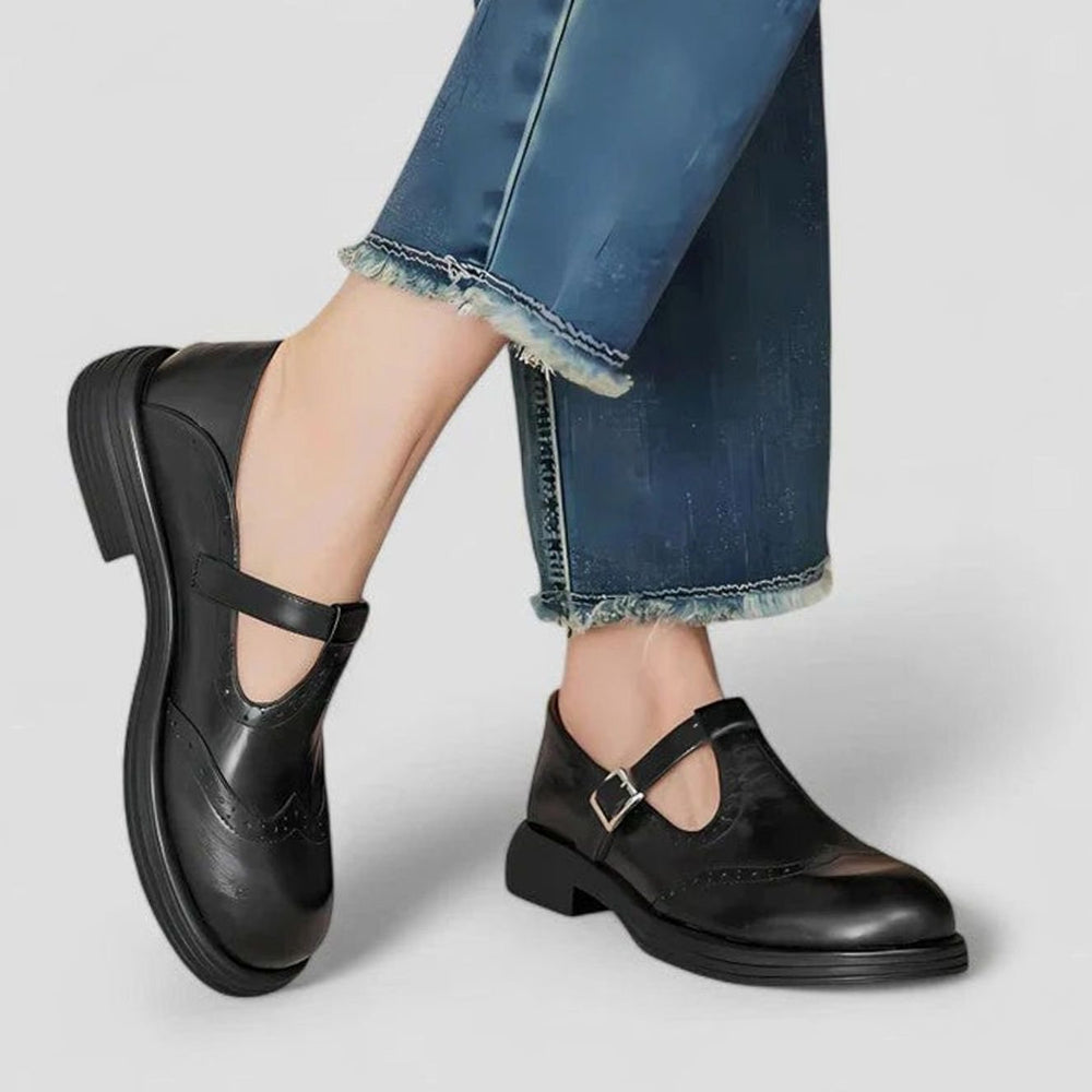 Women's Brogue Leather T-Strap Buckle Classic Boots - Black