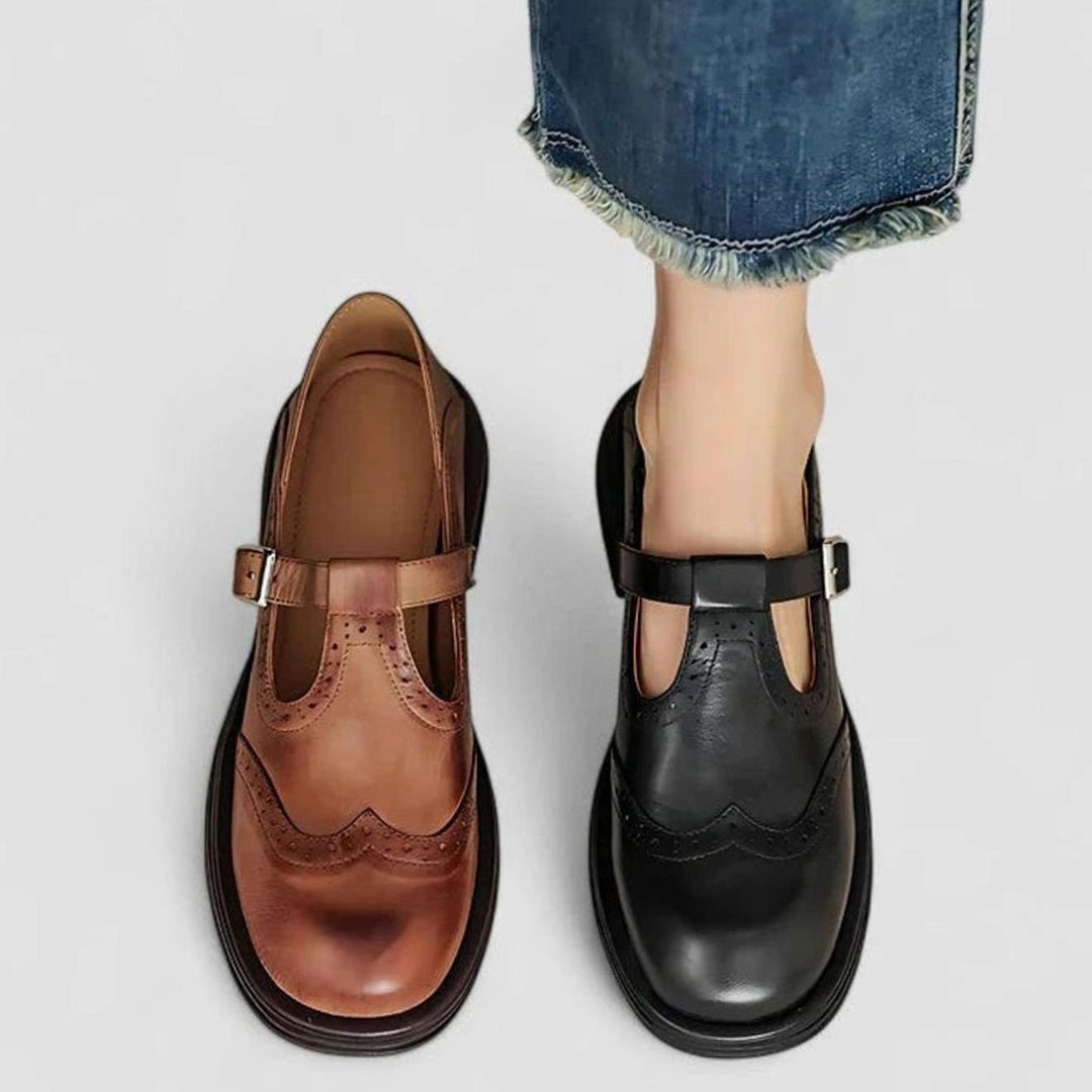 Women's Brogue Leather T-Strap Buckle Classic Boots