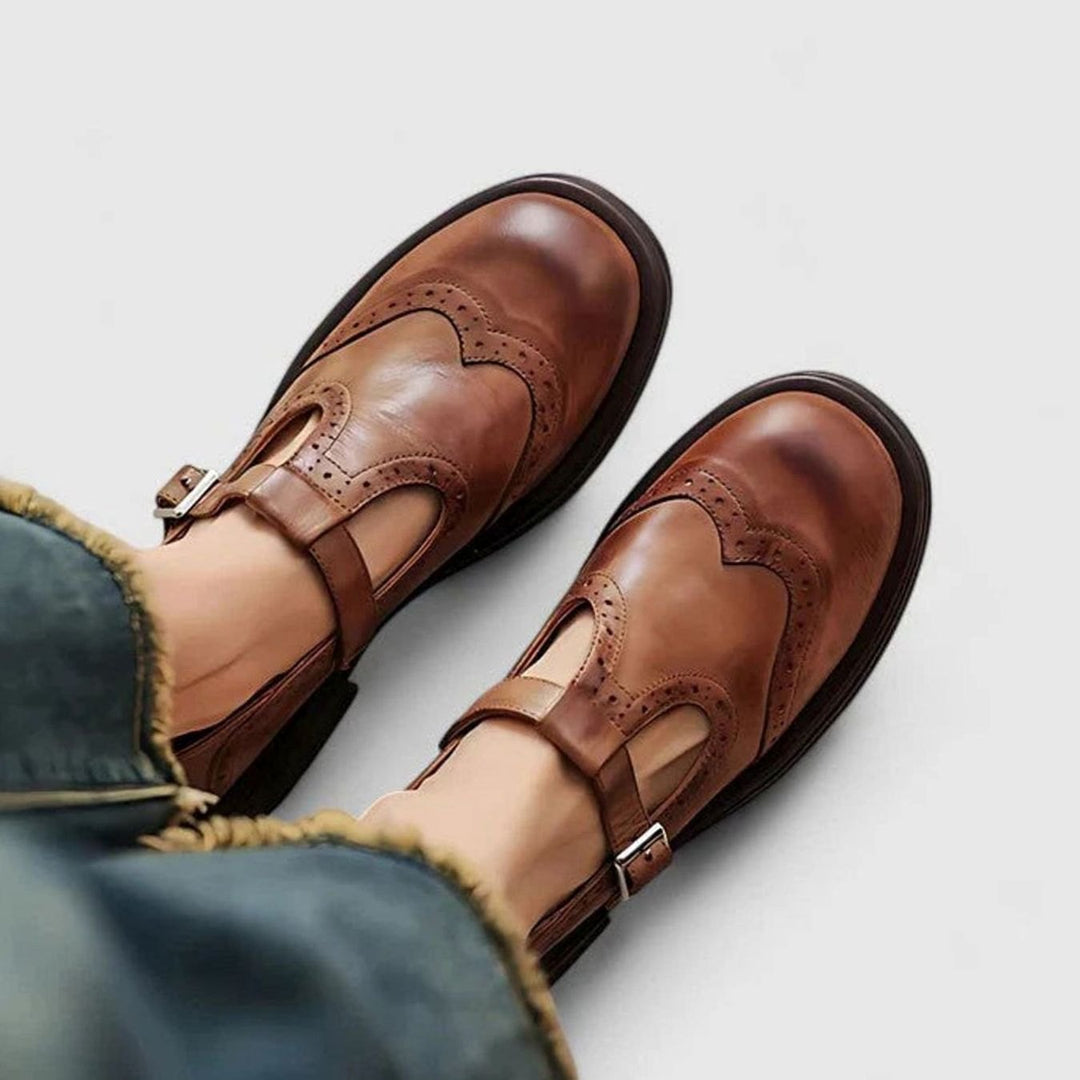 Women's Brogue Leather T-Strap Buckle Classic Boots - Brown