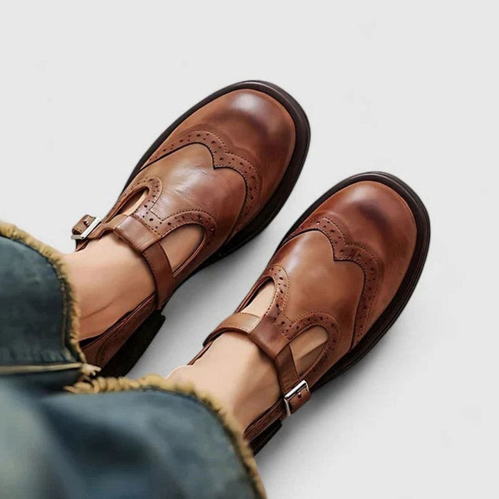 Women's Brogue Leather T-Strap Buckle Classic Boots - Brown