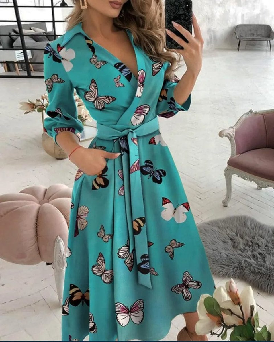 Women's Butterfly Print Wrap Fall Midi Dress Long Sleeve