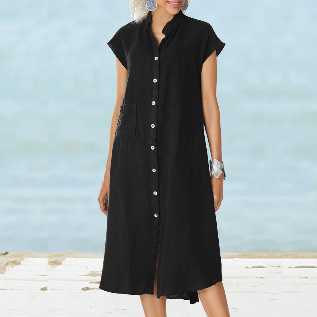 Women's Button-Down Cotton Fall Midi Dress Stand Collar Side Pocket
