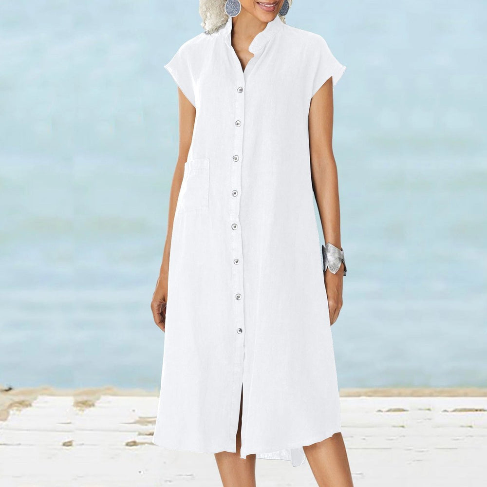 Women's Button-Down Cotton Fall Midi Dress Stand Collar Side Pocket