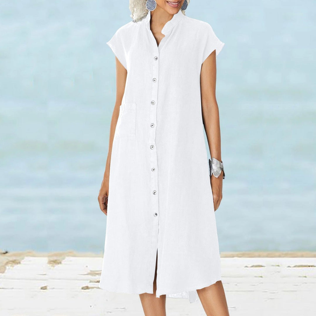 Women's Button-Down Cotton Fall Midi Dress Stand Collar Side Pocket