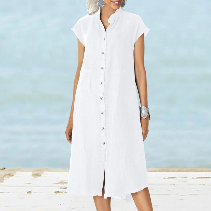 Women's Button-Down Cotton Fall Midi Dress Stand Collar Side Pocket