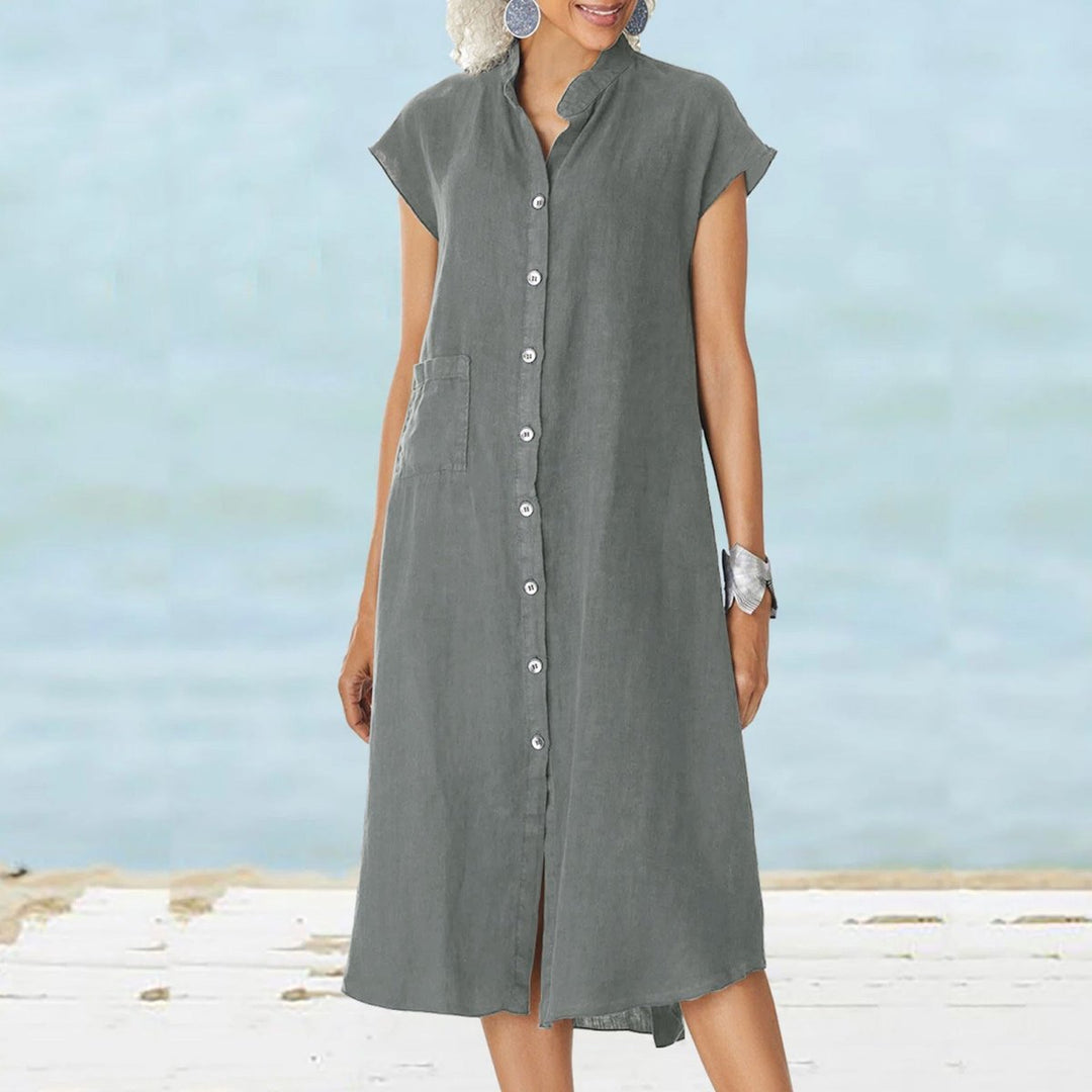 Women's Button-Down Cotton Fall Midi Dress Stand Collar Side Pocket