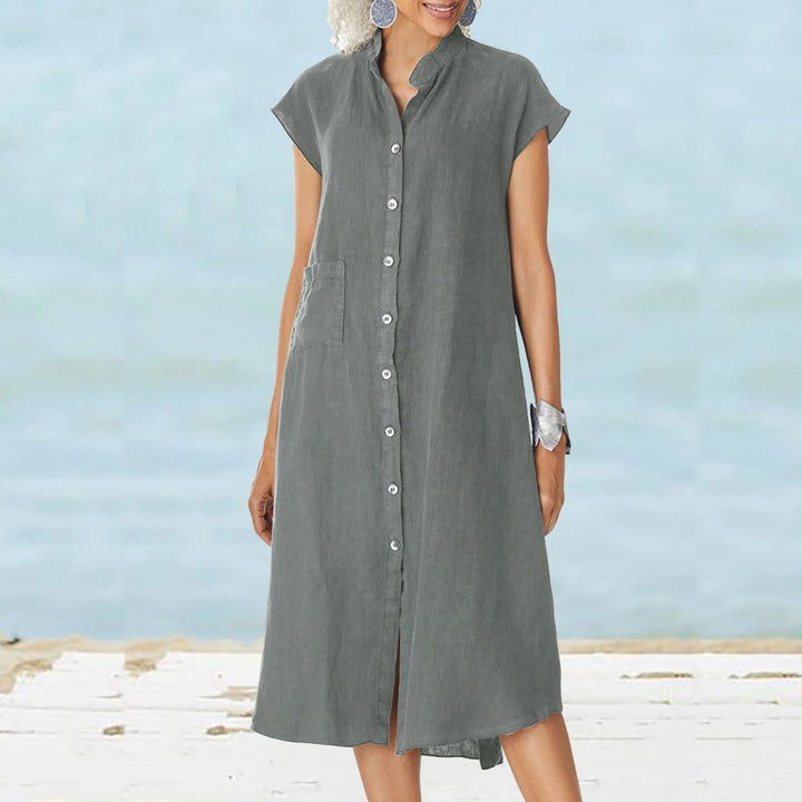 Women's Button-Down Cotton Fall Midi Dress Stand Collar Side Pocket