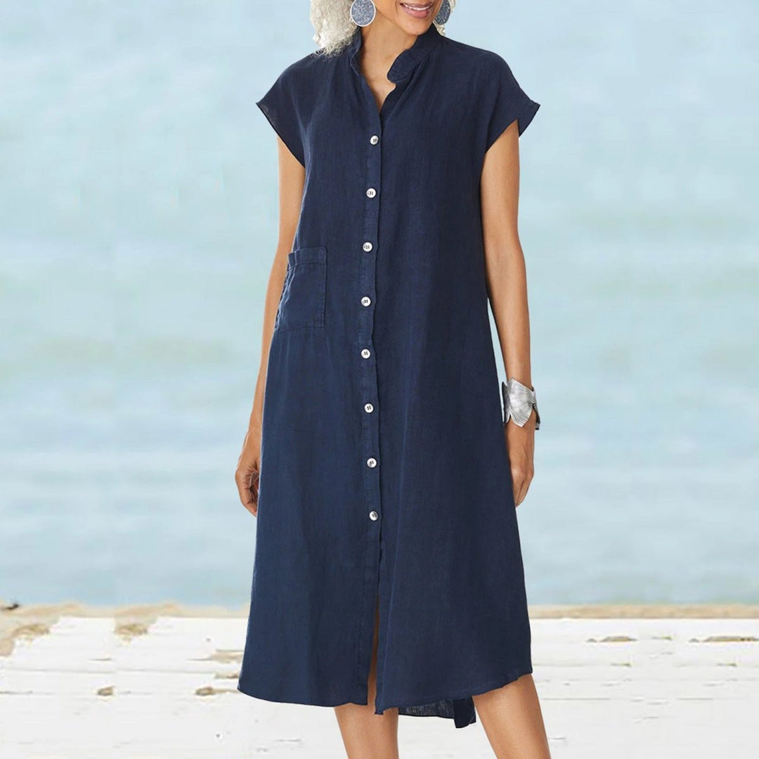 Women's Button-Down Cotton Fall Midi Dress Stand Collar Side Pocket