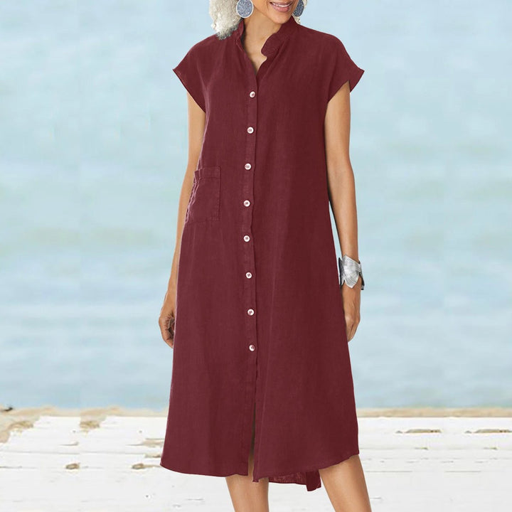 Women's Button-Down Cotton Fall Midi Dress Stand Collar Side Pocket