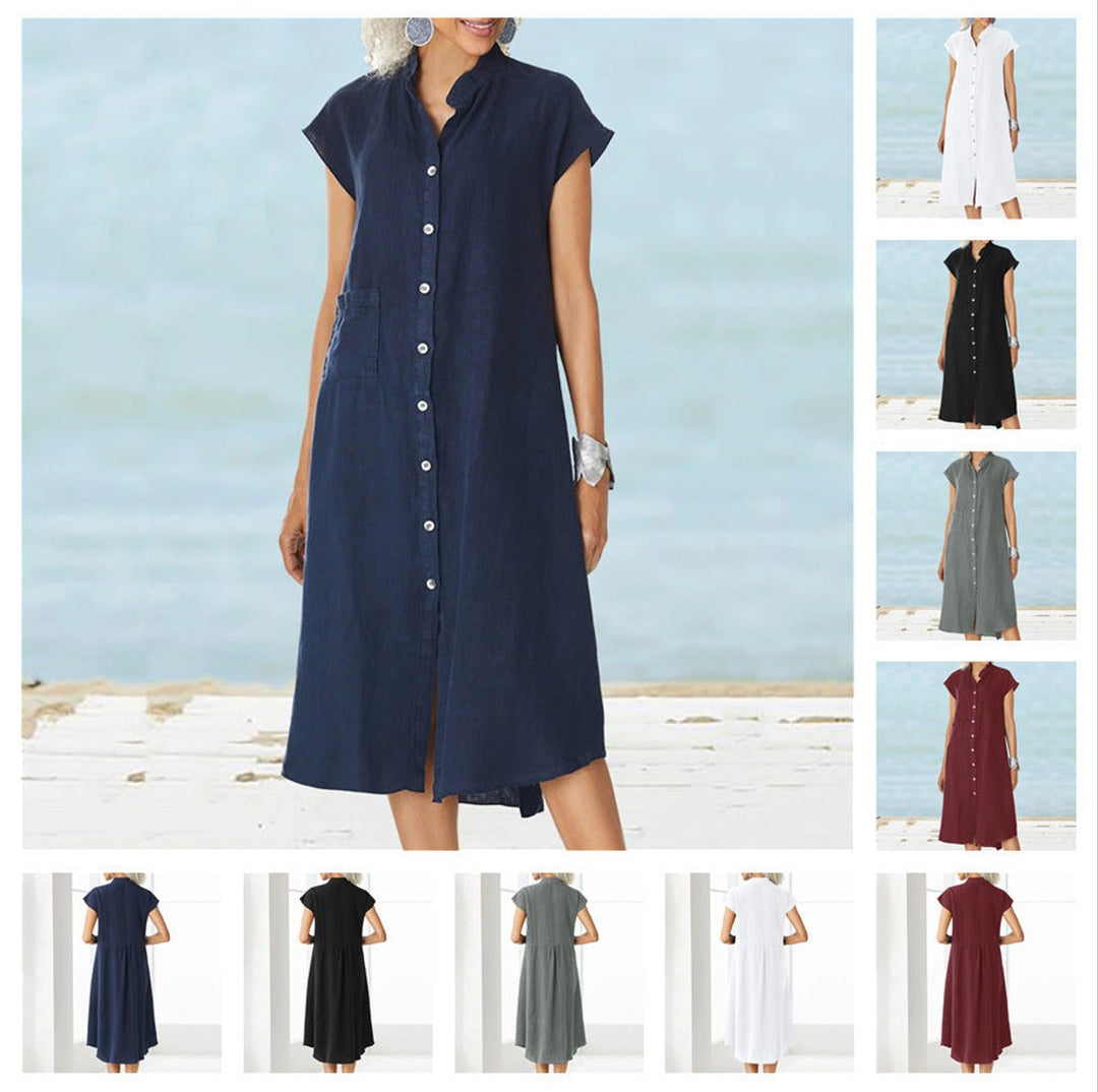 Women's Button-Down Cotton Fall Midi Dress Stand Collar Side Pocket