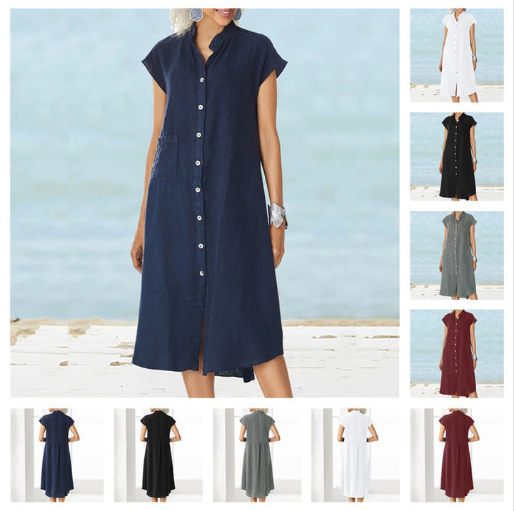 Women's Button-Down Cotton Fall Midi Dress Stand Collar Side Pocket