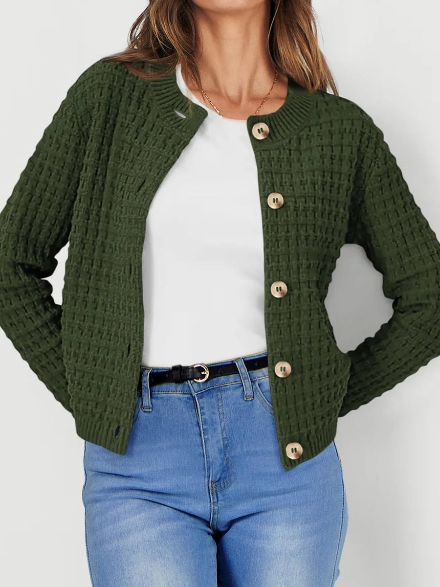 Women's Button-Front Chunky Knit Crewneck Cardigan Sweater