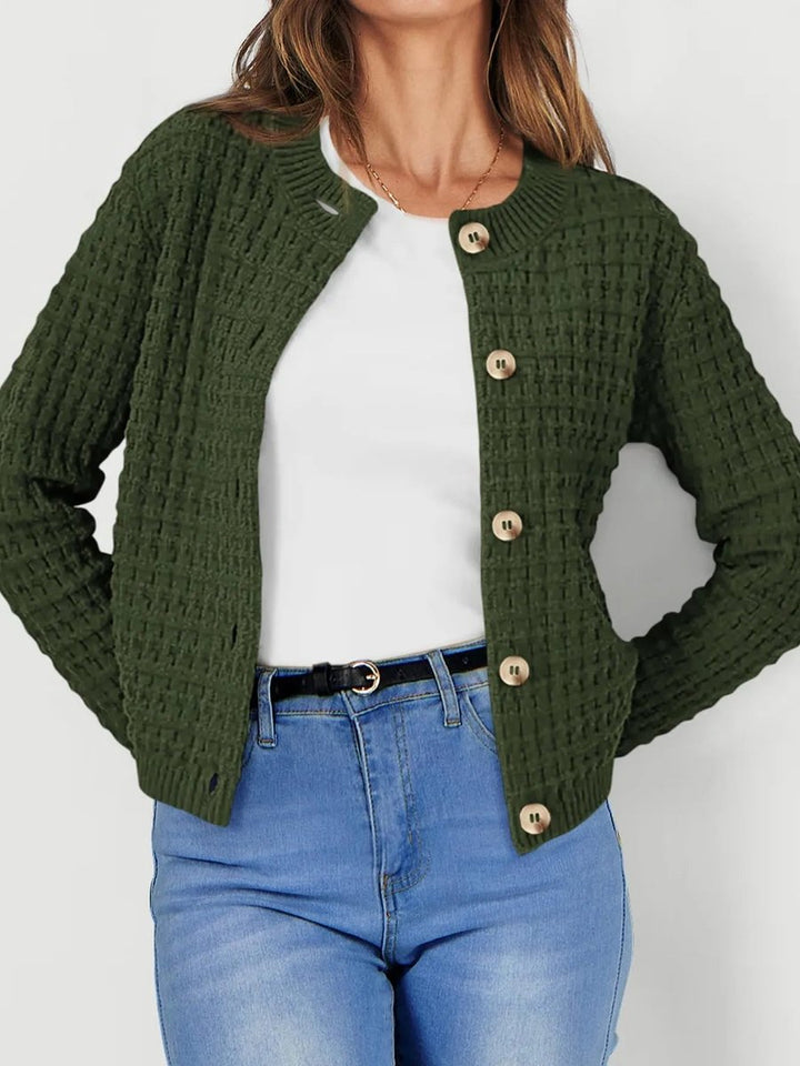 Women's Button-Front Chunky Knit Crewneck Cardigan Sweater