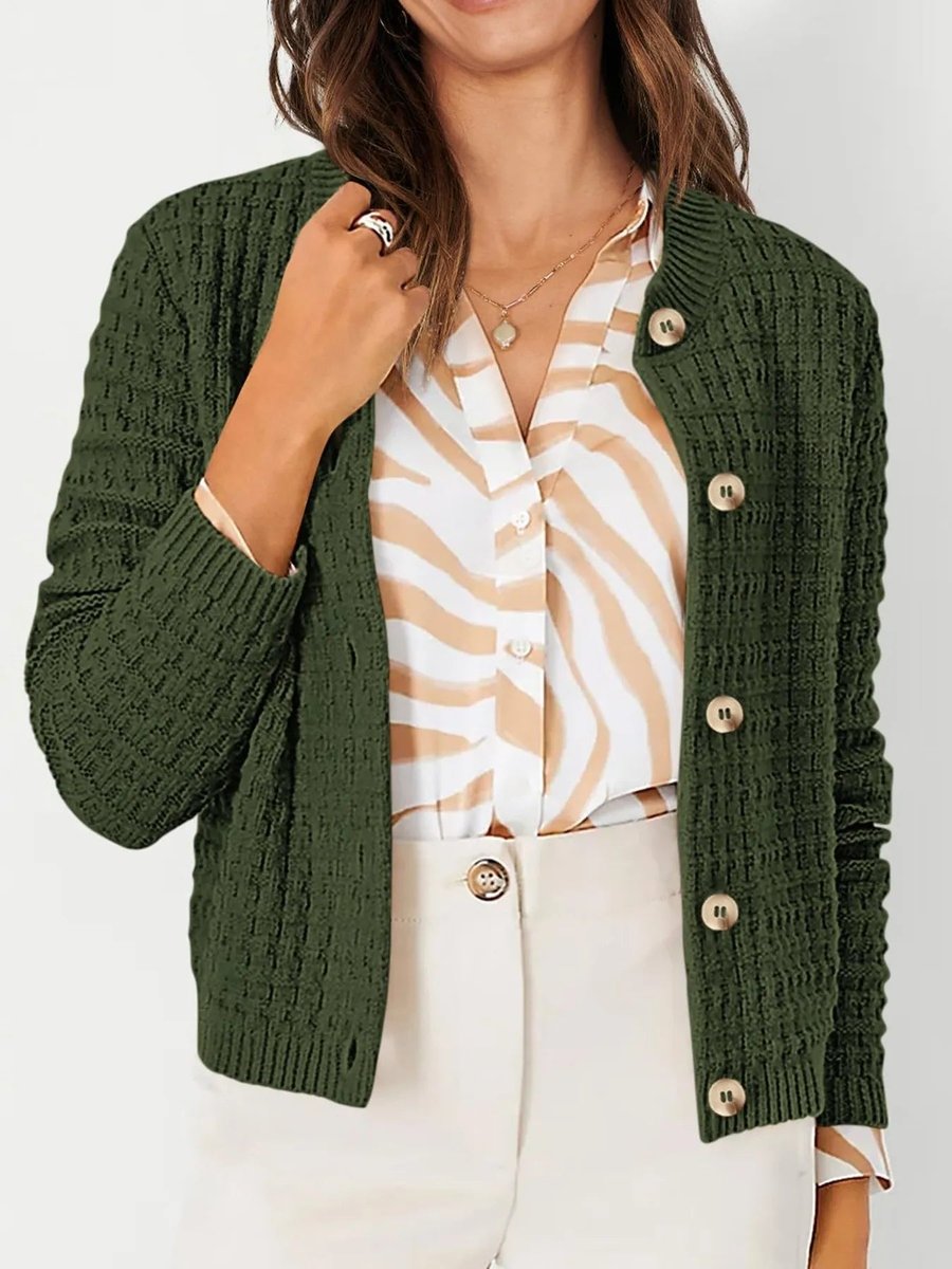 Women's Button-Front Chunky Knit Crewneck Cardigan Sweater