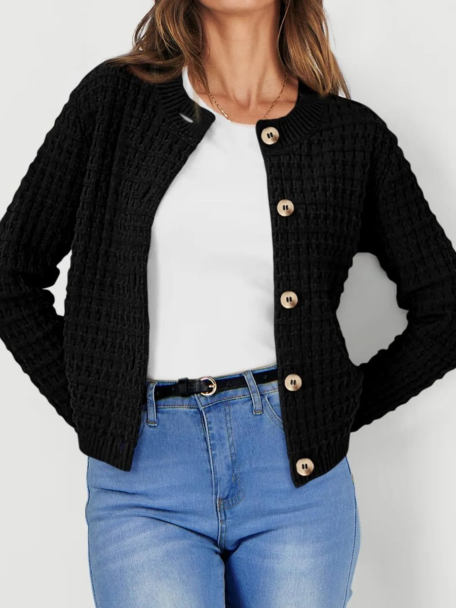 Women's Button-Front Chunky Knit Crewneck Cardigan Sweater