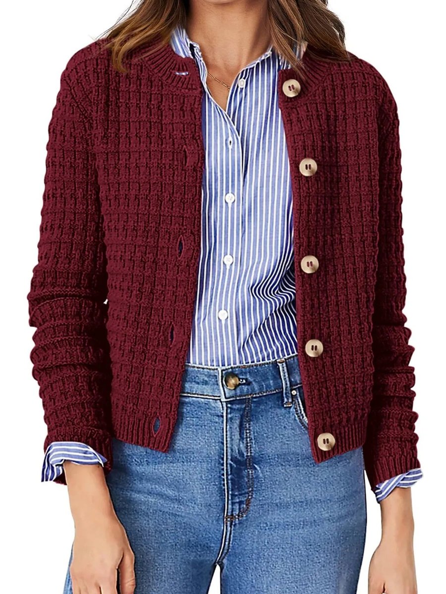 Women's Button-Front Chunky Knit Crewneck Cardigan Sweater