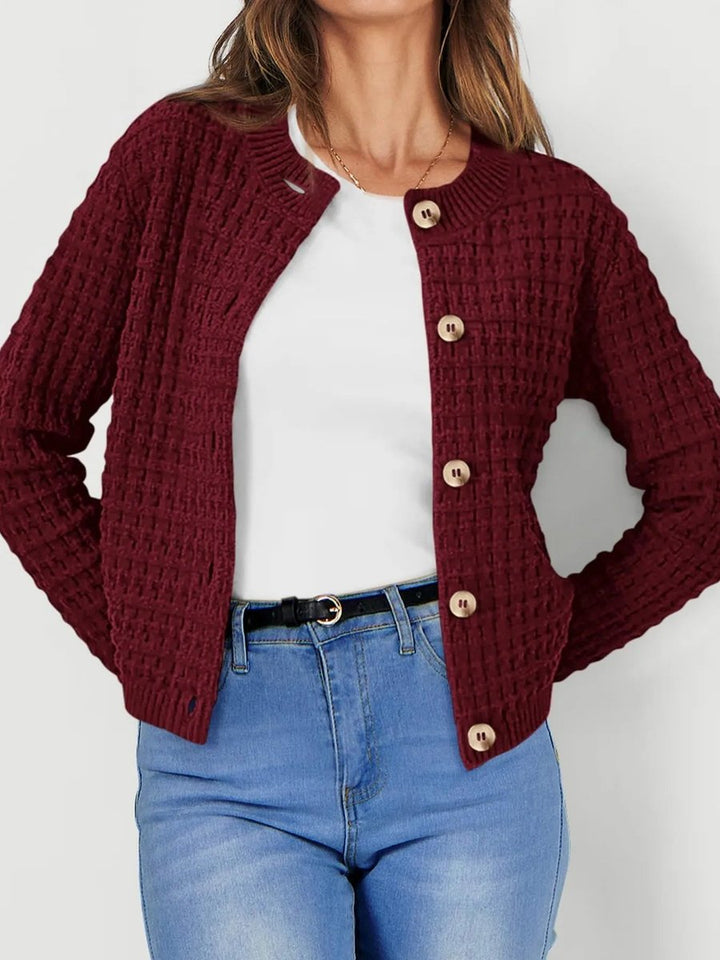 Women's Button-Front Chunky Knit Crewneck Cardigan Sweater