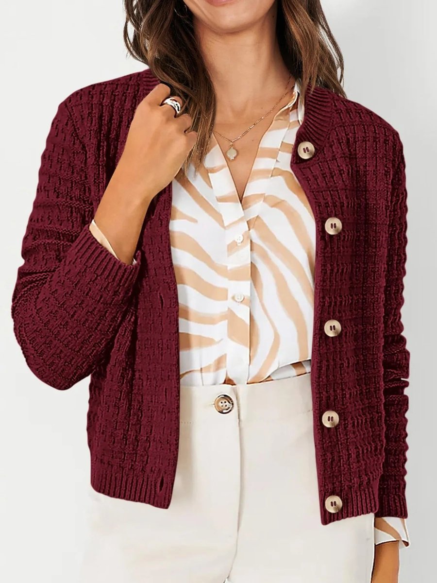 Women's Button-Front Chunky Knit Crewneck Cardigan Sweater