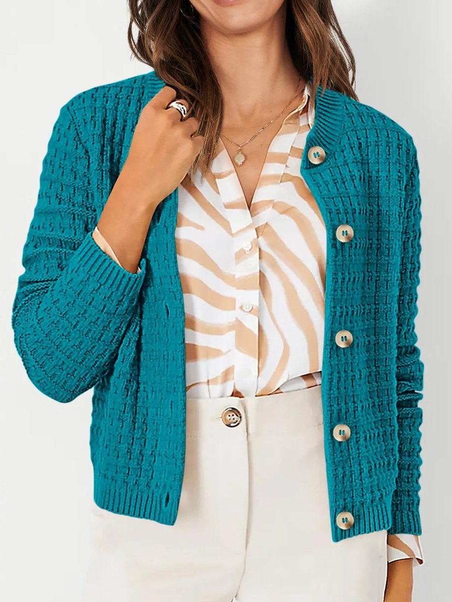 Women's Button-Front Chunky Knit Crewneck Cardigan Sweater