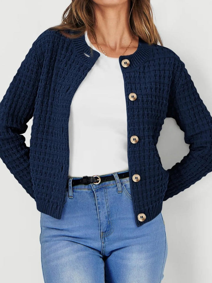 Women's Button-Front Chunky Knit Crewneck Cardigan Sweater